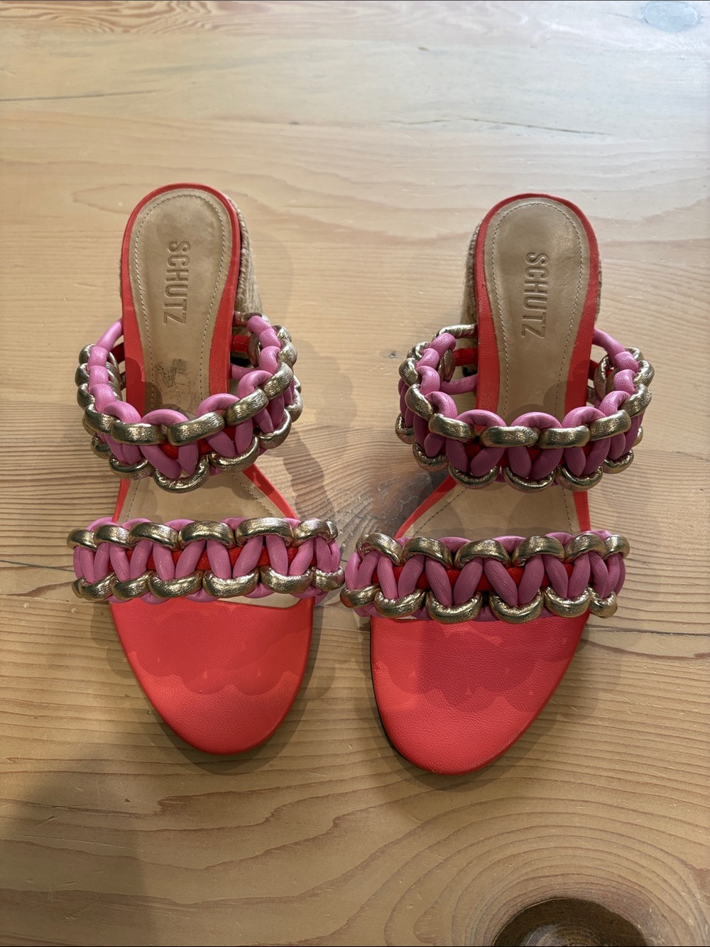 Schutz Juliet Mid Suede & Leather Block Heel Sandals in a coral, rose, and gold